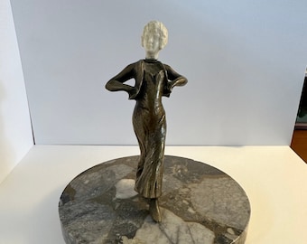 Antique Bronze Art Deco Woman with Bakelite Head, Modeling on Round Marble Base