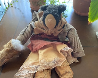 American Folk Art Primitive Rag Doll ~ Black Sheep, Wool, Wood and Cloth, Original Clothing