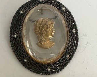 Antique Cameo Brooch with Intaglio Gold Medallion and Crystal Cover