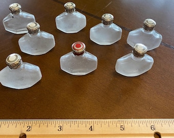 Antique French Art Deco Petite Perfume or Potion Bottles, Frosted Glass, Ornate Silver Cap, White Circle, One Red Circle SET of EIGHT 8