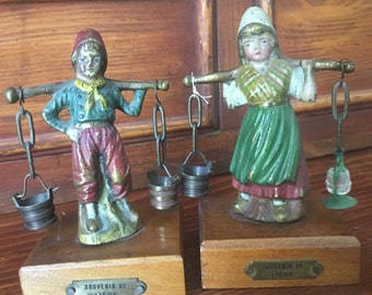 Antique Solid Bronze Souvenir De Liege Dutch Boy and Girl with Yoke and Pail from Belgium