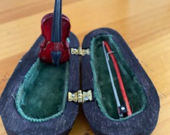 Vintage Miniature Red Violin and Bow, in Wood Case with Green Velvet Lining