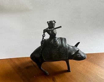 Antique Solid Bronze Incense Burner in the Form of an Ox with Rider, Laozi, Two Pieces, China, Ming – Qing Dynasty