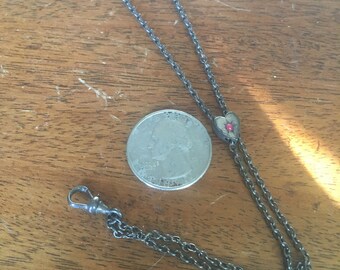 Antique Vintage Metal Necklace Bolo Style, Pendant Charm with Pink Stone Heart and Secure Clasp, Pewter Metal