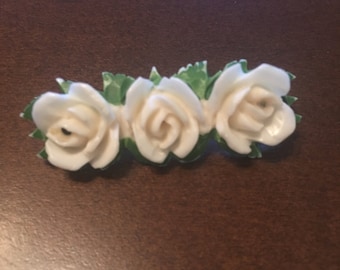 Antique Vintage Celluloid Bakelite Rose Pin ~ Three (3) White Roses with Green Floral Stems ~ Hand Painted