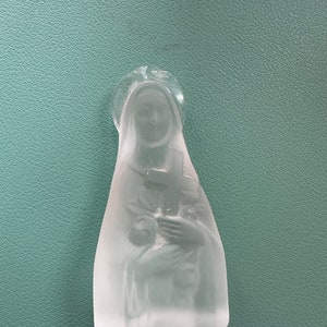 Lalique Frosted Lead Crystal Glass Madonna Holding Cross and Flowers, Wearing Halo, Sketched Signature on Base, Rare