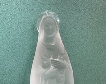 Lalique Frosted Lead Crystal Glass Madonna Holding Cross and Flowers, Wearing Halo, Sketched Signature on Base, Rare