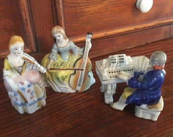 Vintage Japanese Figurines, Set of Classical Musicians, Made in Occupied Japan, Violinist, Cello Player, Pianist with Separate Piano