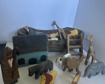 Vintage Large Handmade Wooden Noah’s Ark with Carved Figures