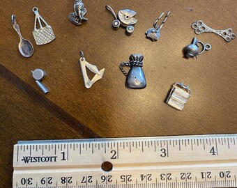 Antique Vintage Silver Charms, Pendants Wacky Variety Collection of Eleven (11)