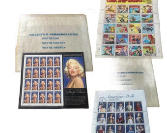 Lot of Three 3  Commemorative Stamp Sheets, Marilyn Monroe, Legends of Hollywood, Comic Strip Classics, Classic American Dolls