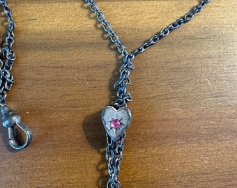 Antique Metal Bolo Necklace with Silver Heart, Pink Gemstone Surrounded by Burst Design