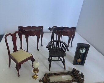 Vintage Dollhouse Furniture Set with Clock and Mirror, Seven Pieces