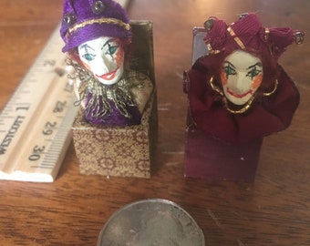 Antique  Miniature French Jester Jack in the Box, Art Deco ~ Set of Two