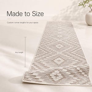 May include: A rectangular runner rug featuring a beige and white geometric diamond pattern. The text "Made to Size" and "Custom runner lengths for your space" appear above the rug, with a vertical line indicating "Any Length" on the left side.
