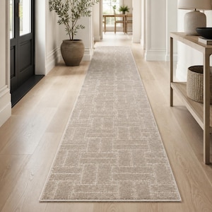 May include: A long, rectangular runner rug featuring a repeating geometric basketweave pattern in shades of beige and light tan. The rug has a low-pile texture with a finished edge border, extending across the length of a wooden floor hallway.