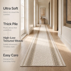 May include: A long, rectangular runner rug featuring a cream-colored center and textured beige borders with a geometric pattern. The text on the left reads: Ultra Soft, Sink in to cloud-like comfort. Thick Pile, Plush, dense feel underfoot. High-Low Textured Weave, Subtle dimension. Timeless style. Easy Care, Designed for everyday living.