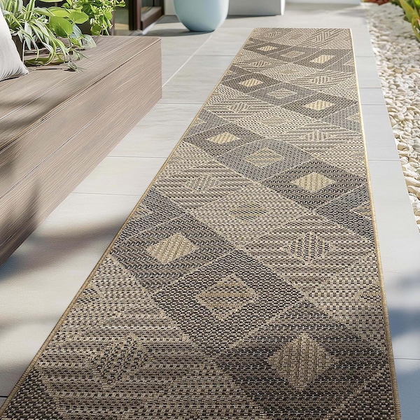 CUSTOM LENGH Runner Rug - Indoor Outdoor - 26 Inch Wide Natural Beige Diamond Pet Friendly Hallway, Stairs, Patio, RV, Kitchen High Traffic