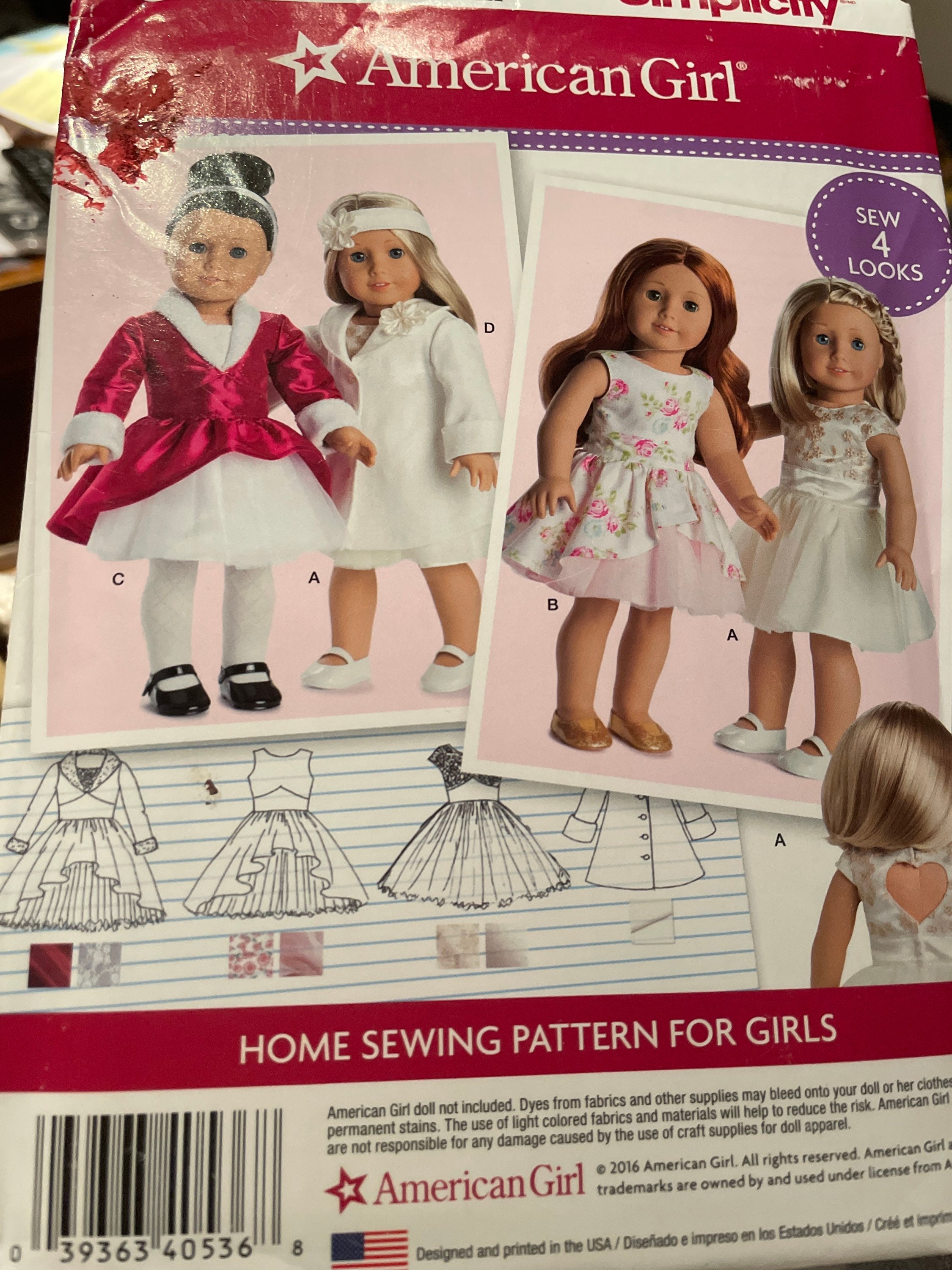 Simplicity 8280/D0536 American Girl 18 Doll Clothes pattern - uncut