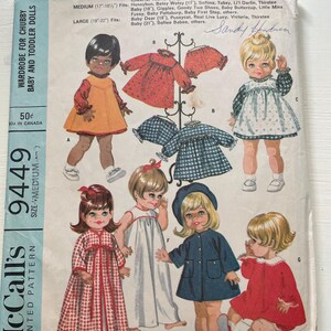 May include: Vintage McCall's sewing pattern for making doll clothes. The pattern is for sizes small, medium, and large dolls. The pattern includes instructions for making a variety of doll clothes, including dresses, coats, and pajamas. The pattern cover features illustrations of dolls wearing the different garments.