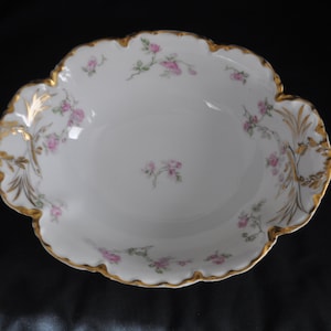 Antique Haviland Limoges Serving Bowl Gold Gild Pink Roses Wheat Sheaf c. 1884-1931