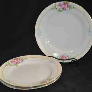 Antique Noritake Japan Hand Painted Gold Rim Salad Plates (3) Butter Cream Band Pink Roses c. 1900-1920 EUC