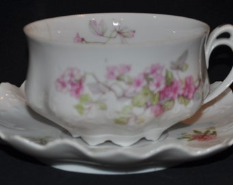 Antique Rare MZ Moritz Zdekauer Austria Teacup and Saucer Wild Pink Roses c.1880-1909 Used Condition