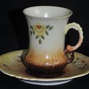 Antique Jean Pouyat Limoges (JPL) France - Demitasse / Chocolate Cup & Saucer Daffodils Handpainted Yellow Brown c.1890-1902 EUC