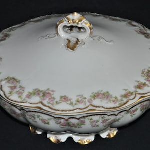 Antike Haviland 270 Limoges runde bedeckte Servierschüssel Double Gold Pink Rose Swags c. 1884-1931