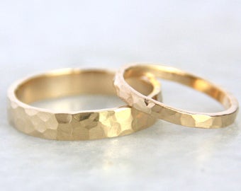 Gold Wedding Ring Set, Handmade 14k Gold Hammered, Eco Friendly Recycled Gold matching Wedding bands, Gold Wedding Bands, His and Hers