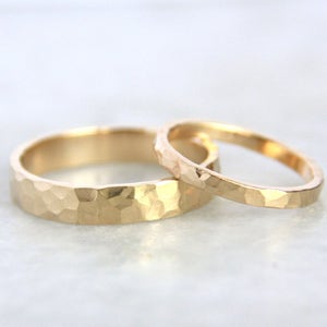 Gold Wedding Ring Set, Handmade 14k Gold Hammered, Eco Friendly Recycled Gold matching Wedding bands, Gold Wedding Bands, His and Hers