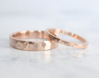 Rose Gold Wedding Ring Set, Handmade 14k rose gold Hammered, Eco Friendly Recycled Gold matching Wedding bands, Gold Bands, His and Hers