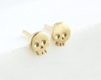 Skull Stud Earrings, 14k Gold Studs, Memento Mori Skeleton