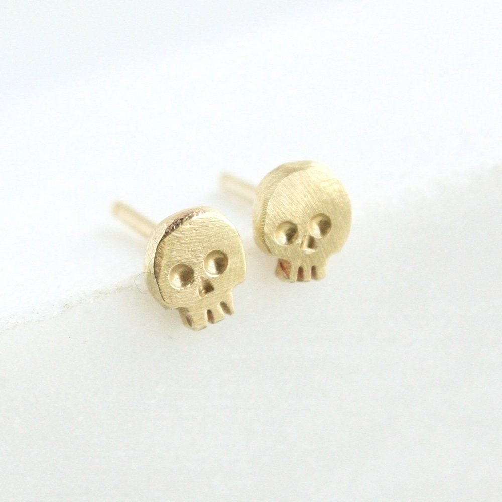 Skull Stud Earrings 14k Gold Studs Memento Mori Skeleton Etsy