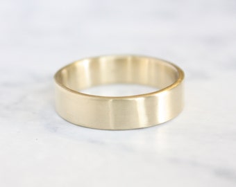 Gold Wedding Ring, mens Wide Solid 14k Yellow Gold Band, 6mm Flat Wedding Band, Shiny or Matte Finish, Eco Friendly Recycled Gold