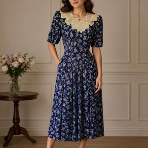 karin stevens casual dresses Vintage Karin Stevens Floral Dress 12 Cottage Core Pockets Roses PTP 20 STH 47