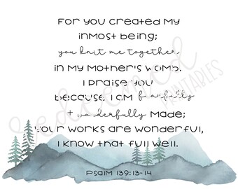 Psalm 139:13-14 Mountains, Scripture Wall Art, Nursery Art, Nursery Decor,Christian Nursery Art,Bible Verse Decor,Baby Shower Gift,Printable