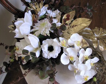 Modern Glam White and Gold Hand Tied Silk Wedding Bouquet Magnolia Orchid Silk Bridal Bouquet Engagement Photos Elopement Bouquet