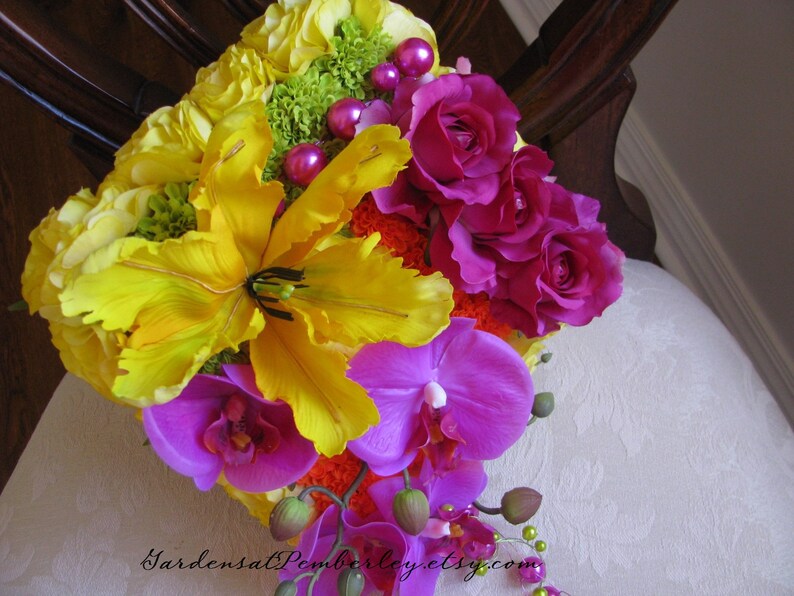 Wedding Flowers Bridal Flowers Yellow Pink Orange Silk Wedding Bouquet Silk Bridal Bouquet