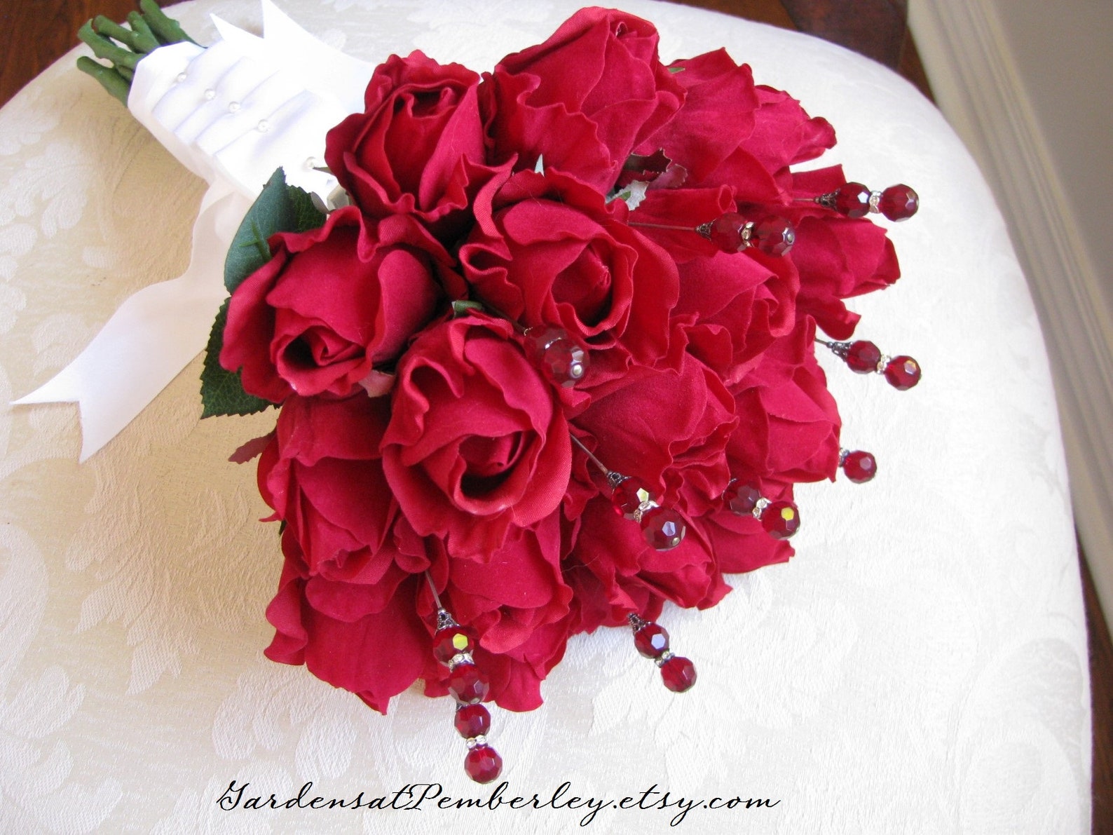 Red Rose and Crystal Bouquet Stems Silk Wedding Bouquet Silk Etsy