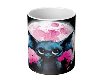 Gotische mok vleermuismaan | Leuke spookachtige koffiekop | Kawaii Gothic-esthetiek | Maanfase roze zwart | Halloween-cadeau
