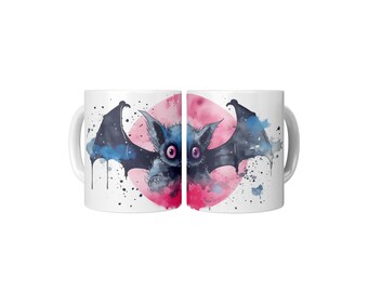Kawaii vleermuismok | Leuke gotische koffiekop | Aquarel roze maan | Griezelige esthetiek | Halloween-cadeaubeker