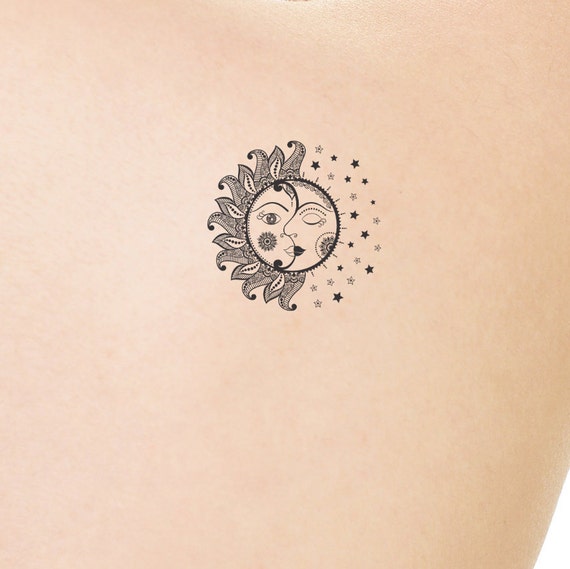 Sun and Moon Outline Old School American Temporary Tattoo - Etsy Sun and Moon Outline Old School American Temporary Tattoo - Etsy