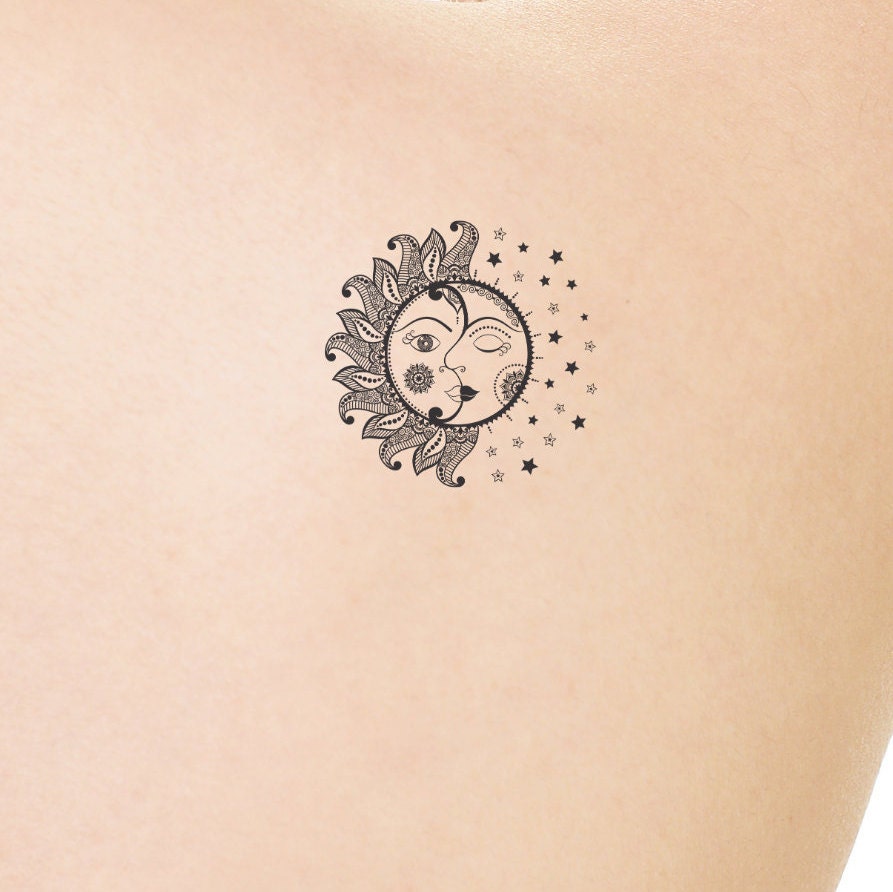 Sun And Moon Outline Old School American Temporary Tattoo Etsy