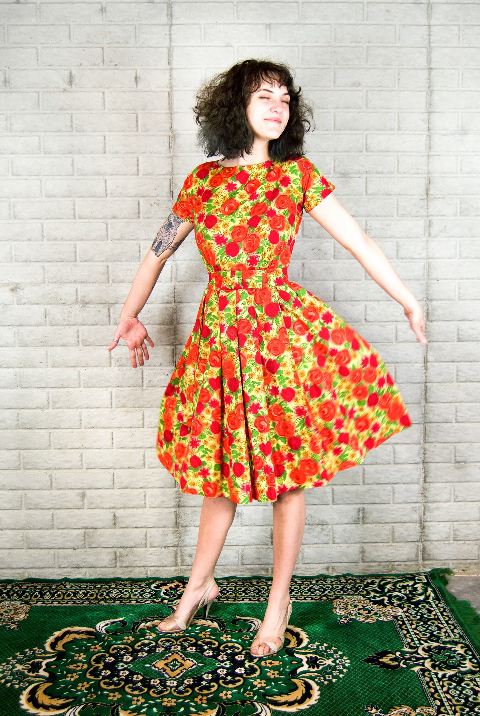 Marigold 1950's Dress Rose Print Red 50s Swing Dress - Etsy