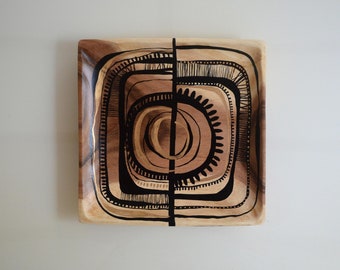 Square abstract modern wood plate, abstract art on wood plate, abstract, abstract wooden platter, hand painted, art on wood