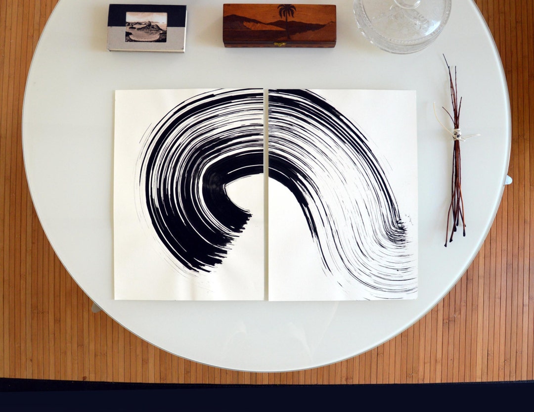 Original Diptych Abstract Ink Drawing, Wave, Black and White Abstract