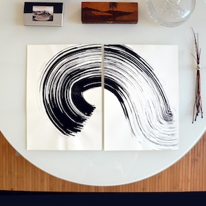 Original diptych abstract ink drawing, wave, black and white abstract art, abstract ink art, abstract, set of 2, abstract ink image 1