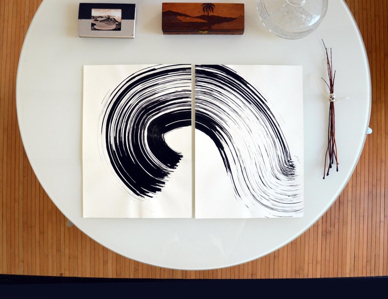 Original diptych abstract ink drawing, wave, black and white abstract art, abstract ink art, abstract, set of 2, abstract ink image 1