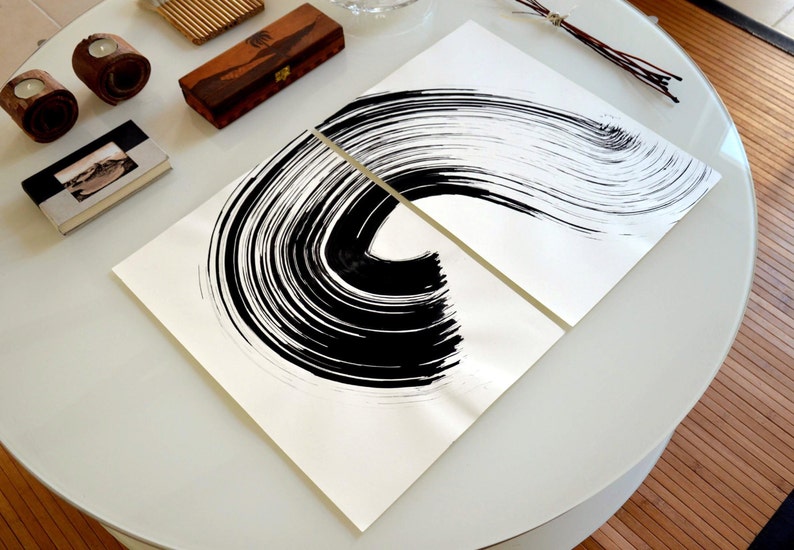 Original diptych abstract ink drawing, wave, black and white abstract art, abstract ink art, abstract, set of 2, abstract ink image 2